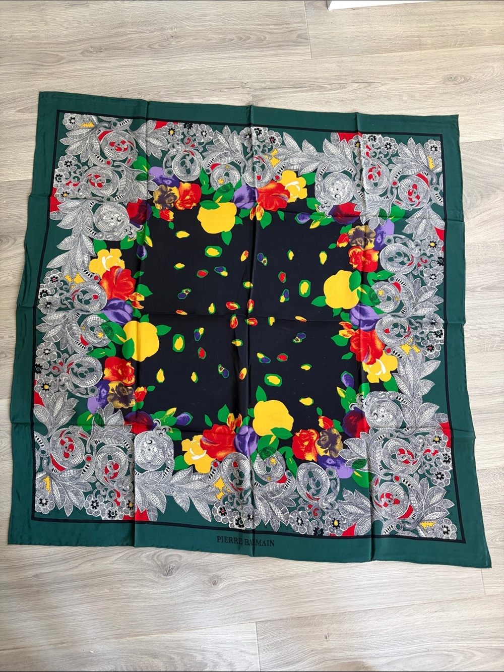 Pierre Balmain Hunter Green Border Floral Silk Scarf with Black Center